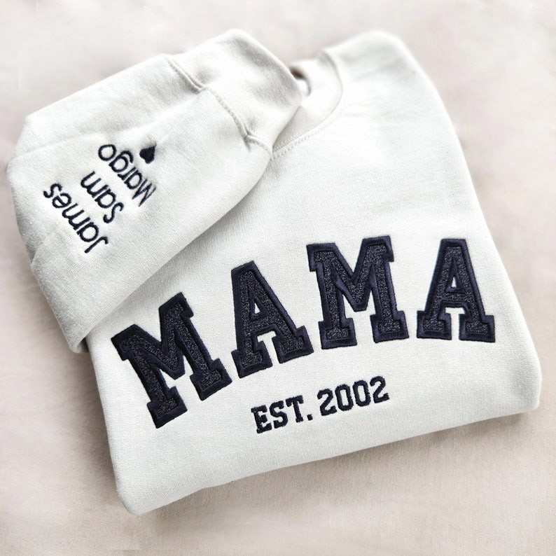 Custom Embroidered Mama Sweatshirt with Kids Names on Sleeve New Mom Hoodie