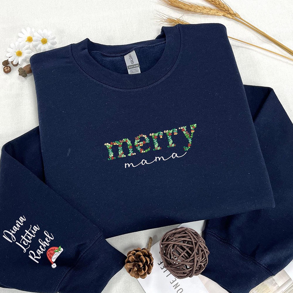 Custom Embroidered Merry Mama Christmas Shirt Floral Letter Shirt Custom Sweatshirt for Mum Christmas Gift LoveCustom UK