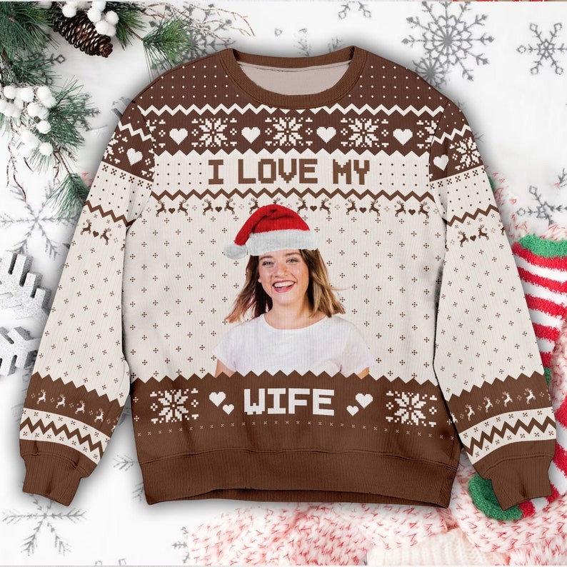 Personalized Face Christmas Ugly Sweater I Love My Wife I Love My usband Sweater Custom Couples Hoodie Christmas Gift LoveCustom UK