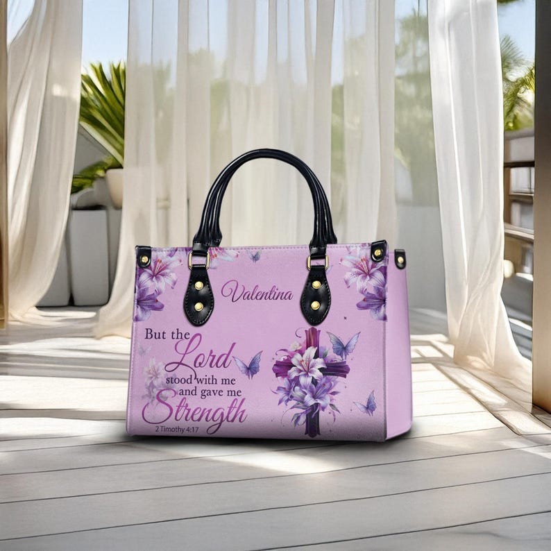 Personalised Christian Leather Handbag The Lord Stood With Me Faith Tote Bag
