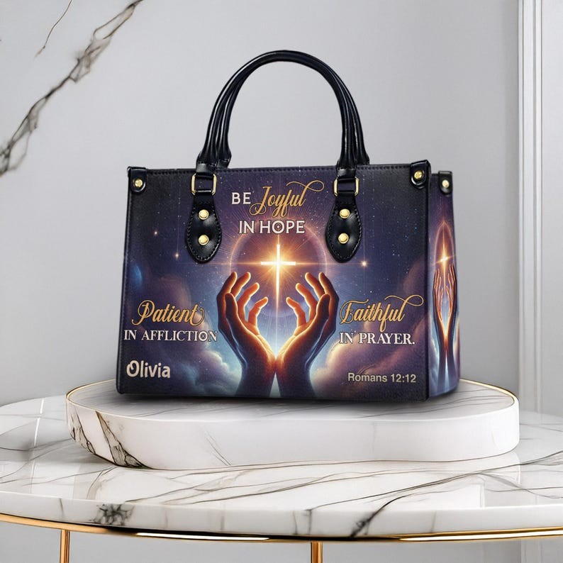 Personalised Christian Leather Romans 12:12 Bible Verse Purse Faith Bag for Mum