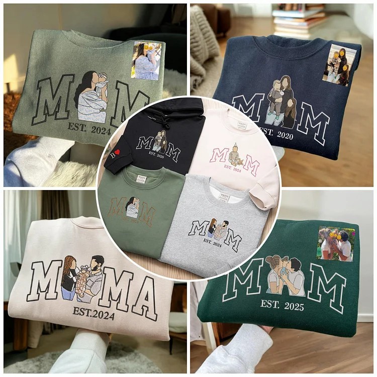 Personalised Embroidered Sweatshirt Mum and Kids Portrait Hoodie Gift For Mum