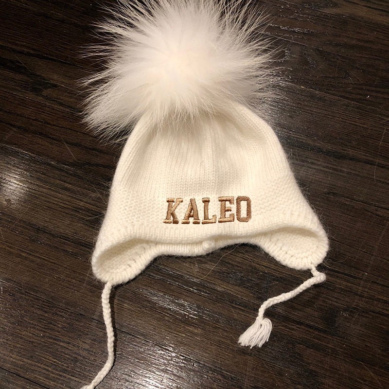  Personalized Embroidered Beanie Monogram Hat with Fur Pom-Pom