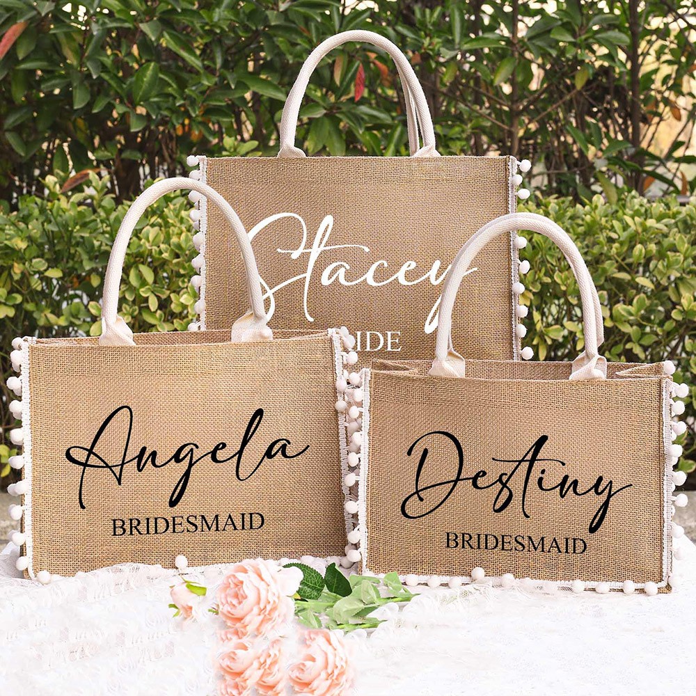 Personalised Tote Bag For Bridesmaid Custom Burlap Bags with Fringed