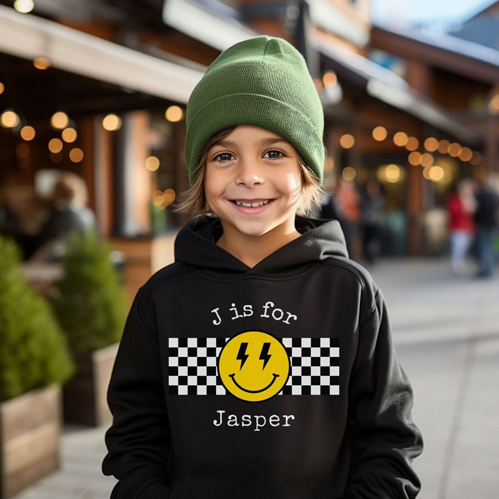 Personalized Toddler Girl Boy Hoodie Custom Name Smiley Face Sweatshirt