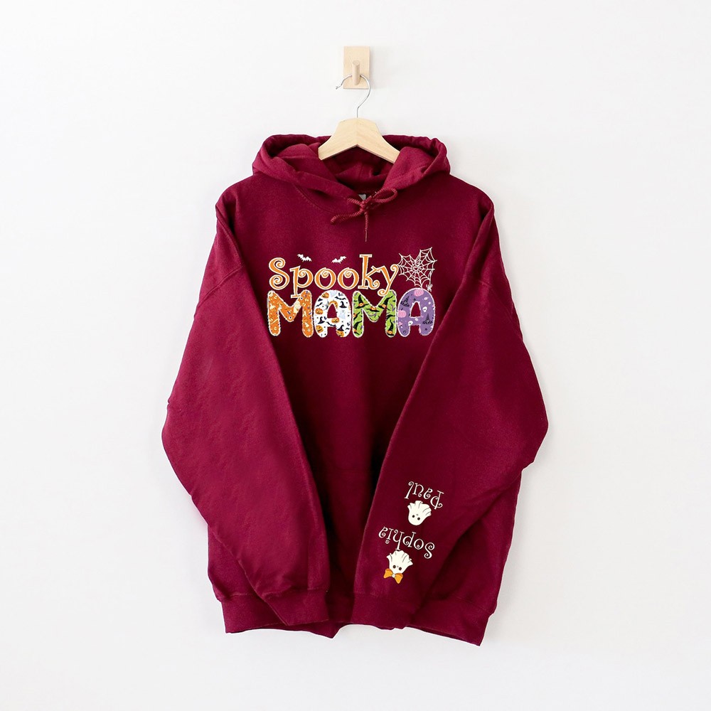 Custom Halloween Spooky Mama with Kids Name on Sleeve Sweatshirt