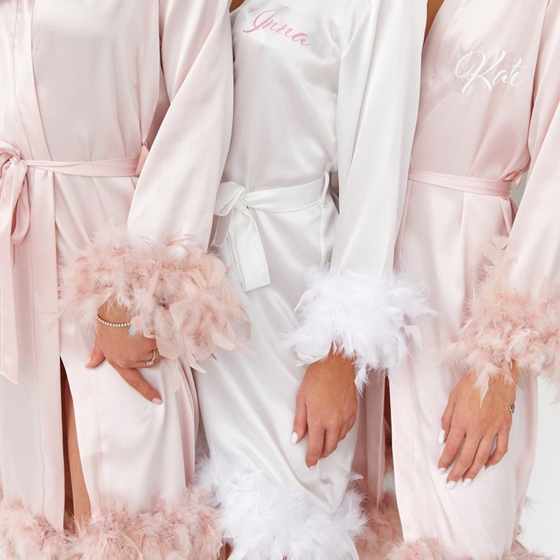 Personalised Bridesmaid Satin Robe with Feather Bachelorette Party Robes