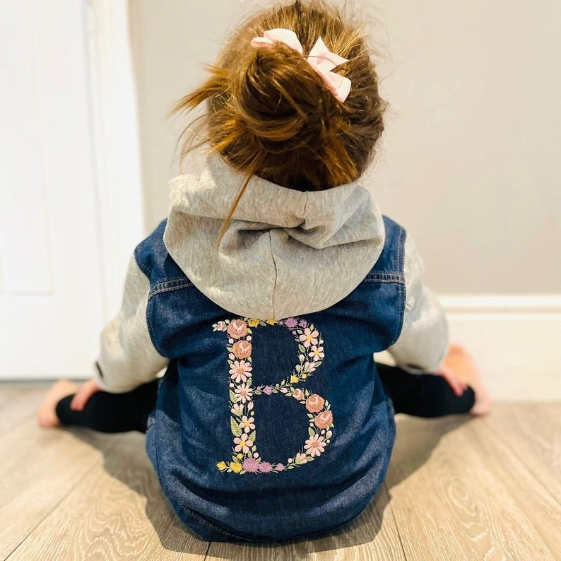 Personalised Trendy Girls Denim Jacket with Embroidered Floral Alphabet