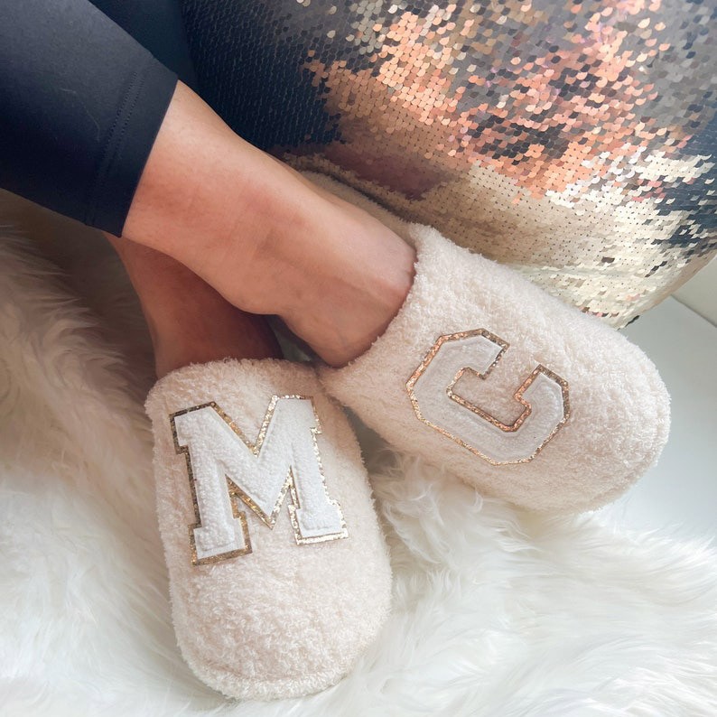 Personalised Fuzzy Slippers with Patches Gifts for Her