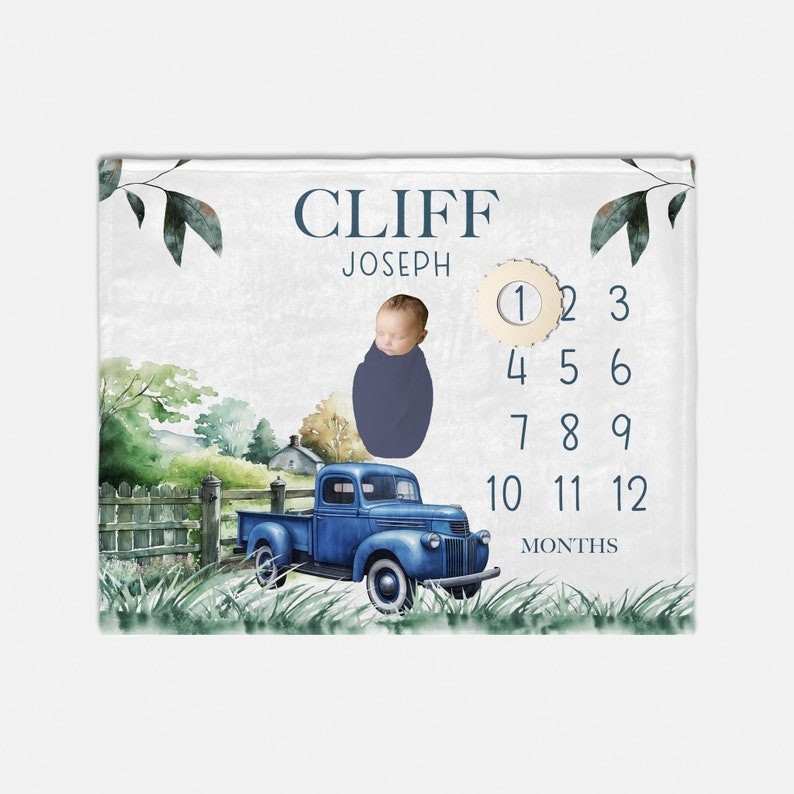 Personalised Old Blue Truck Milestone Blanket  Boy Truck Blanket