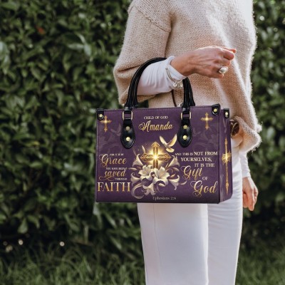 Personalised Christian Leather Handbag Ephesians 2:8 Bible Verse Cross Bag