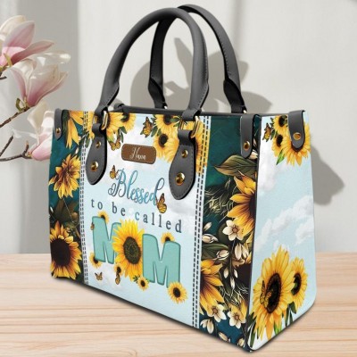 Personalised Christian Leather Sunflower Bag Blessed to Be Called Mom Handbag
