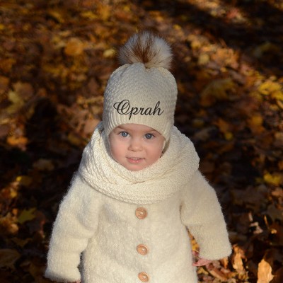 Personalized White Fur Pom Pom Hat Merino Wool Baby Girl Hat
