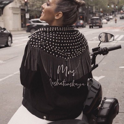 Personalised Wedding Black Bride Denim Jacket Custom Jacket Fringes