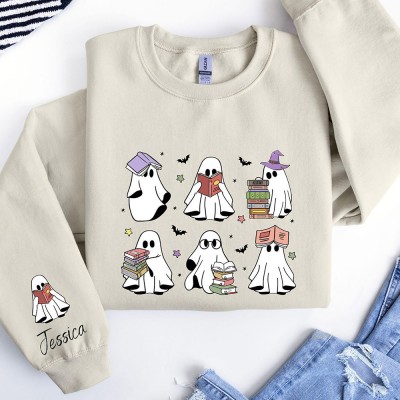 Custom Ghost Reading Books Sweatshirt  Librarian Halloween Sweater