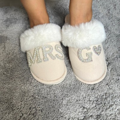 Personalised Fuzzy Getting Ready Slippers with Pearls Gifts for Her