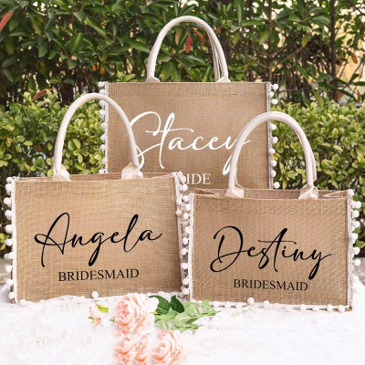 Personalised Tote Bag For Bridesmaid Custom Burlap Bags with Fringed