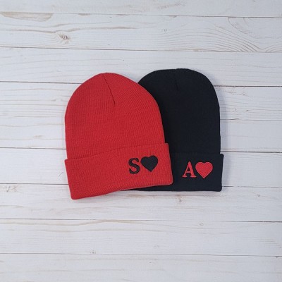 Custom Initial and Heart Embroidery Beanie Matching Beanies for Couples