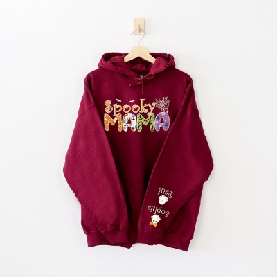 Custom Halloween Spooky Mama with Kids Name on Sleeve Sweatshirt