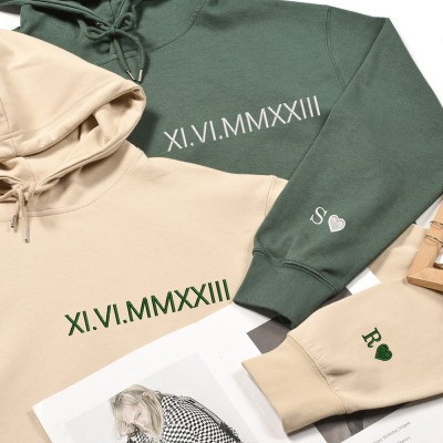 Custom Embroidered Couples Roman Numeral Hoodie Anniversary Valentines Day Gift