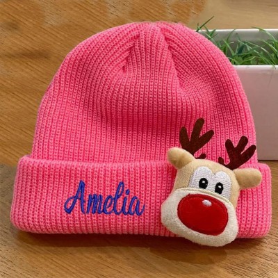 Christmas Reindeer Kids Beanie Personalized Name On Christmas Beanie Hat