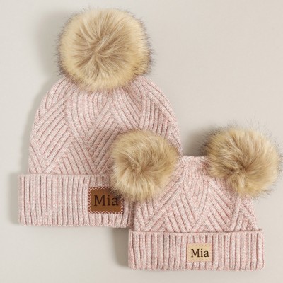 Custom Mommy and Me Matching Pom Pom Beanie Baby Beanie Hat Faux Fur 