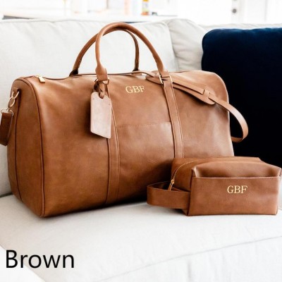 Personalised Embroidery Brown Leather Travel Gift Set Duffle Bag and Dopp
