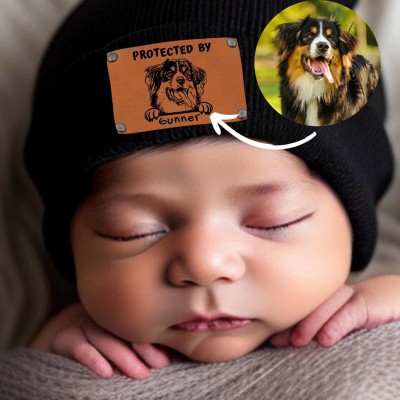 Custom Dog Pet Portrait Protected By Baby Toddler Beanie with Vegan Leather Patch for Boy Girl