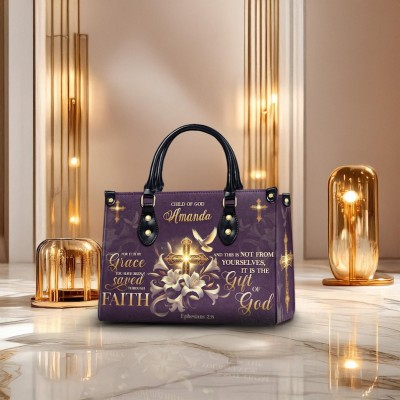 Personalised Christian Leather Handbag Ephesians 2:8 Bible Verse Cross Bag