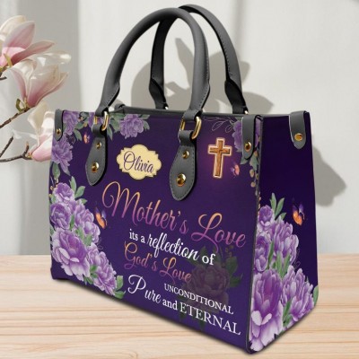Personalised Christian Leather Handbag Name Floral Tote Religious Purse for Mum