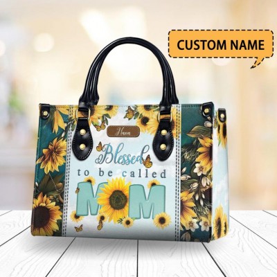 Personalised Christian Leather Sunflower Bag Blessed to Be Called Mom Handbag