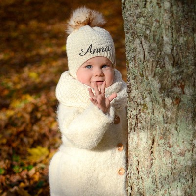 Personalized White Fur Pom Pom Hat Merino Wool Baby Girl Hat
