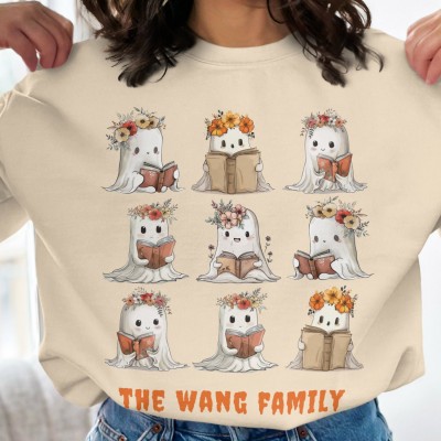 Custom Names Ghost Family Matching Sweatshirt Cute Ghost Reading Hoodies