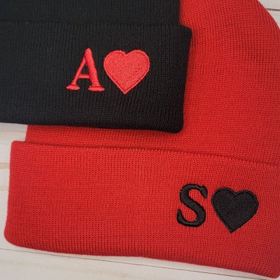 Custom Initial and Heart Embroidery Beanie Matching Beanies for Couples