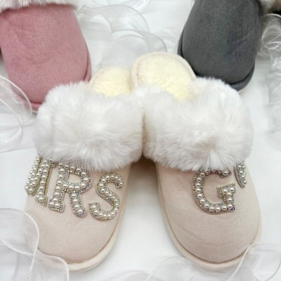 Personalised Fuzzy Getting Ready Slippers with Pearls Gifts for Her