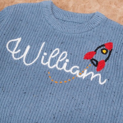 Personalized Baby Sweater Hand Embroidered Baby Name Sweater with Rocket