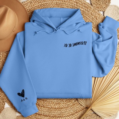 Custom Roman Numeral Hoodie with Sleeve Names Anniversary Date Gift