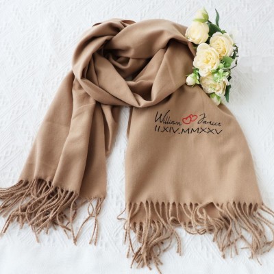 Personalised Roman Numeral Embroidered Scarf Valentines Day Anniversary Gift