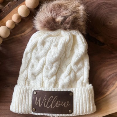 Custom Toddler Personalized Faux Leather Patch Ribbed Beanie