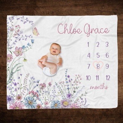 Personalised Wildflower Baby Girl Milestone Blanket Baby Shower Gift