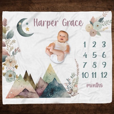 Personalised Boho Mountain Baby Girl Milestone Blanket Baby Shower Gift