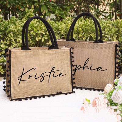 Personalised Tote Bag For Bridesmaid Custom Burlap Bags with Fringed