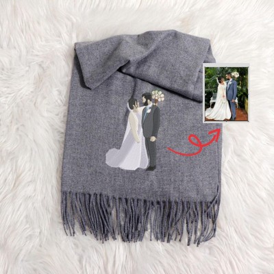 Personalised Embroidered Full Colour Portrait Scarf Valentines Day Anniversary Gift