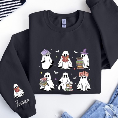 Custom Ghost Reading Books Sweatshirt  Librarian Halloween Sweater