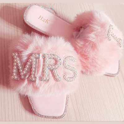 Personalised Pink Bride Pearl Bling Fur Slides Perfect Gift for Bridesmaids