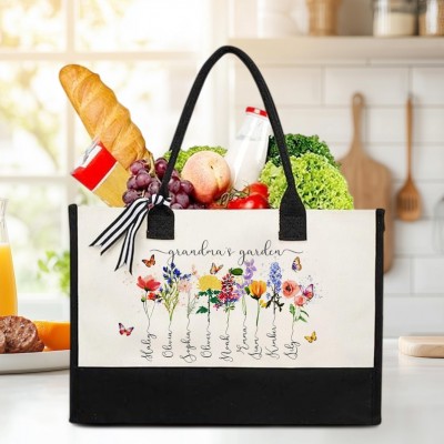 Personalised Birth Month Flower Canvas Tote Bag Mother's Day Gift