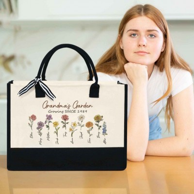 Personalised Birth Month Flower Canvas Tote Bag Mother's Day Gift