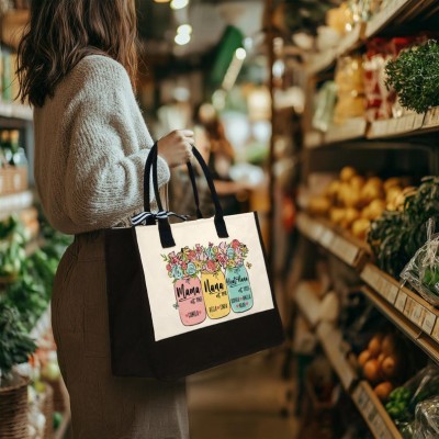 Personalised Nana With Kids Name Canvas Tote Bag  Floral Great Nana Tote Bag Gift