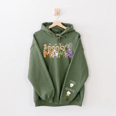 Custom Halloween Spooky Mama with Kids Name on Sleeve Sweatshirt