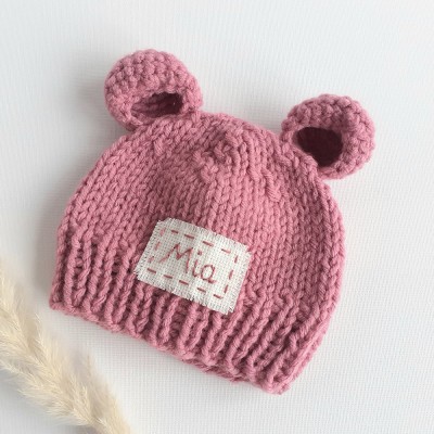  Newborn Winter Hat Knitted Personalized Newborn Boy Girl Bear Hat with Custom Name